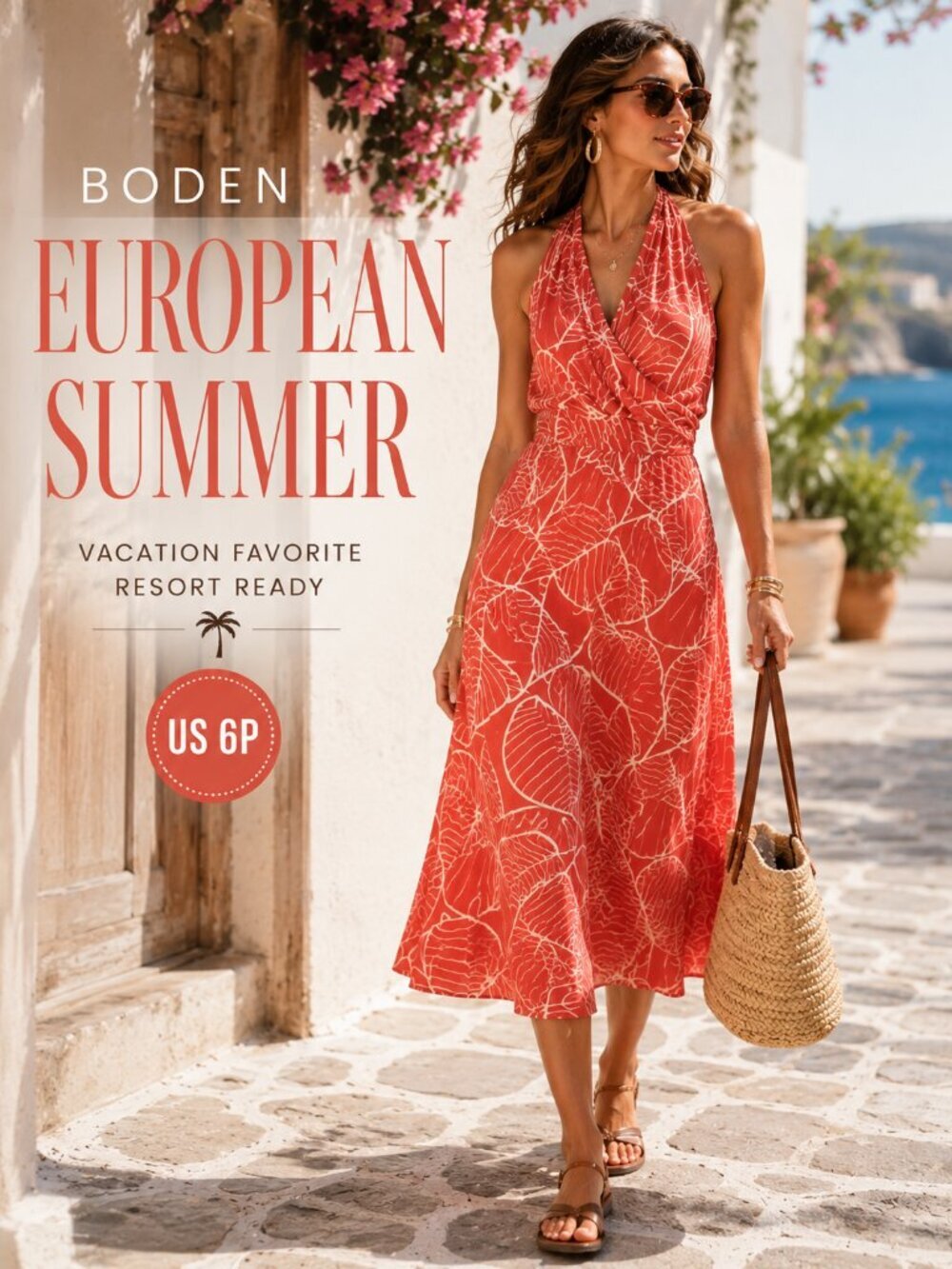Boden Coral Tropical Leaf Halter Maxi Dress Resort Vacation Summer US 6P